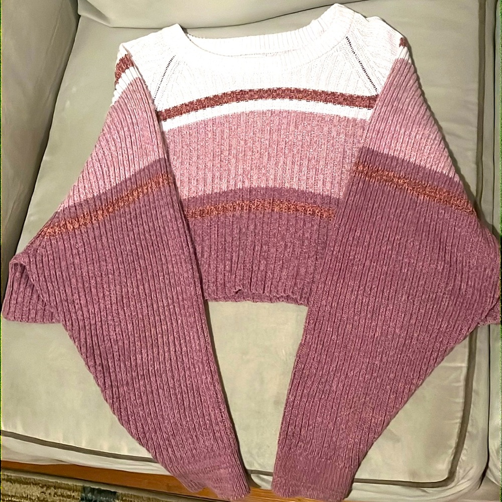 Aeropostale Cream Pink Stripe Cropped Chunky Ribbed Sweater LG Preppy Casual